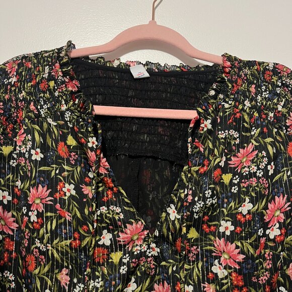 Old Navy Womens Dark Floral Peasant Top XL Metallic Balloon Sleeve Cottagecore - Picture 3 of 8